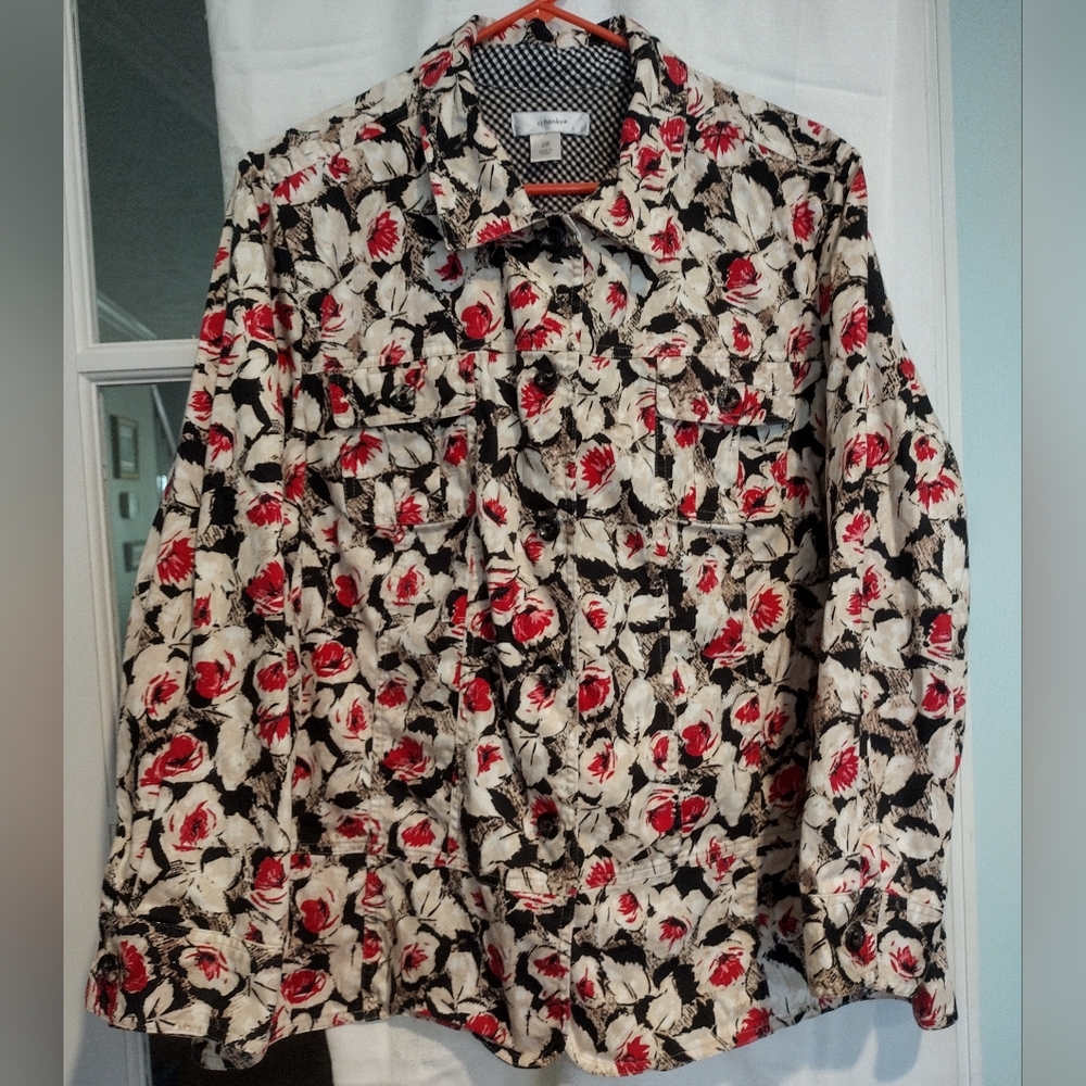 CJ Banks 2X Jacket Pink Fuchsia Brown Button-up Floral Spring Cottage Lightweigh
